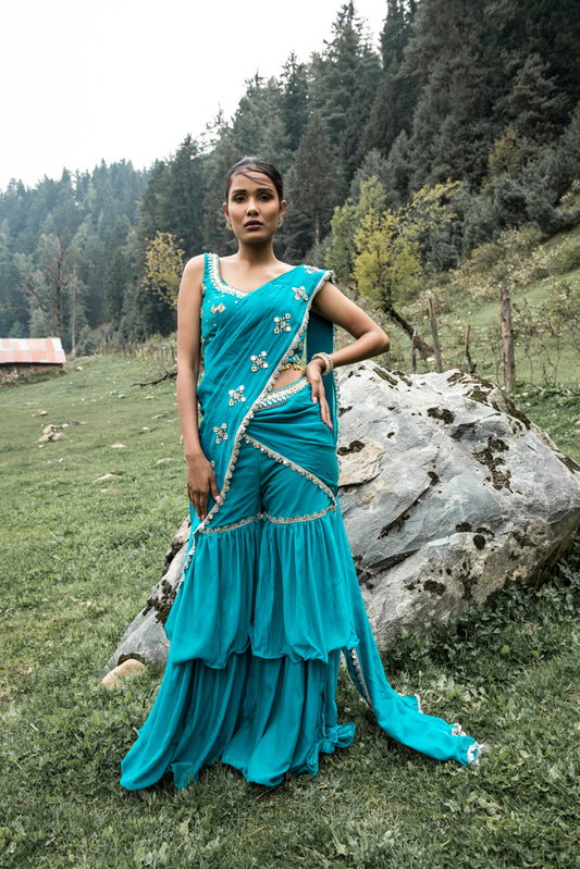 Teal Blue Sharara Saree