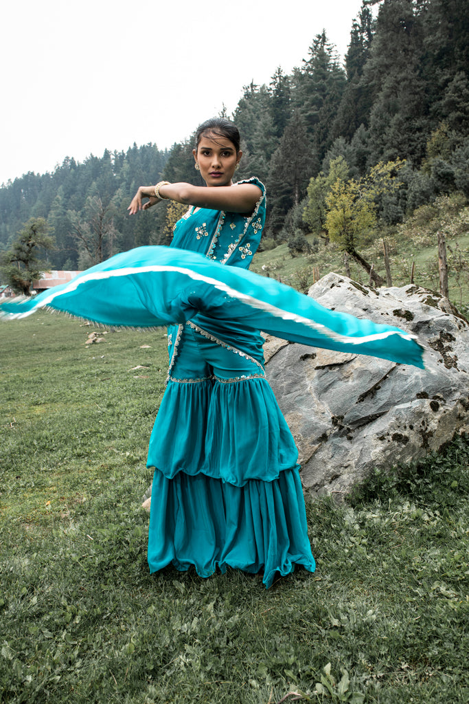 Teal Blue Sharara Saree