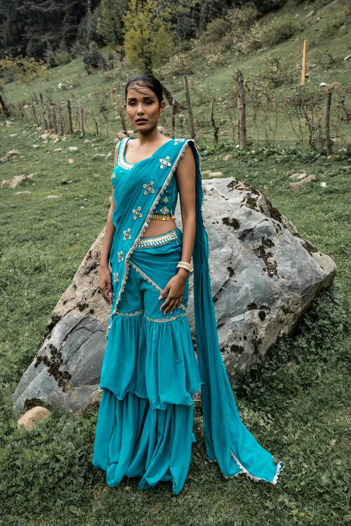 Teal Blue Sharara Saree