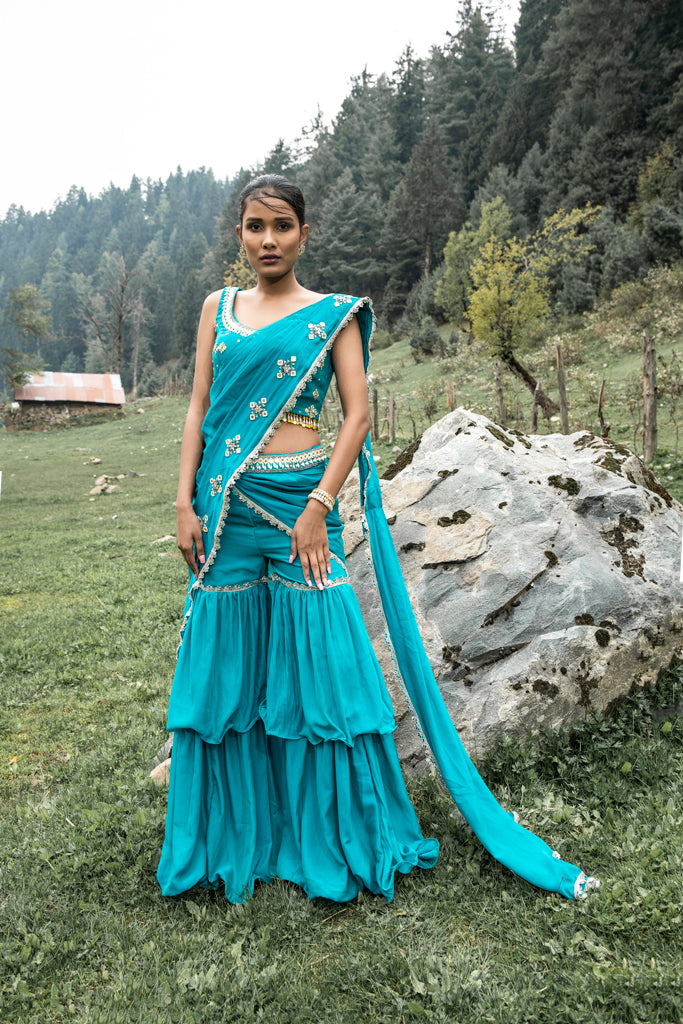 Teal Blue Sharara Saree