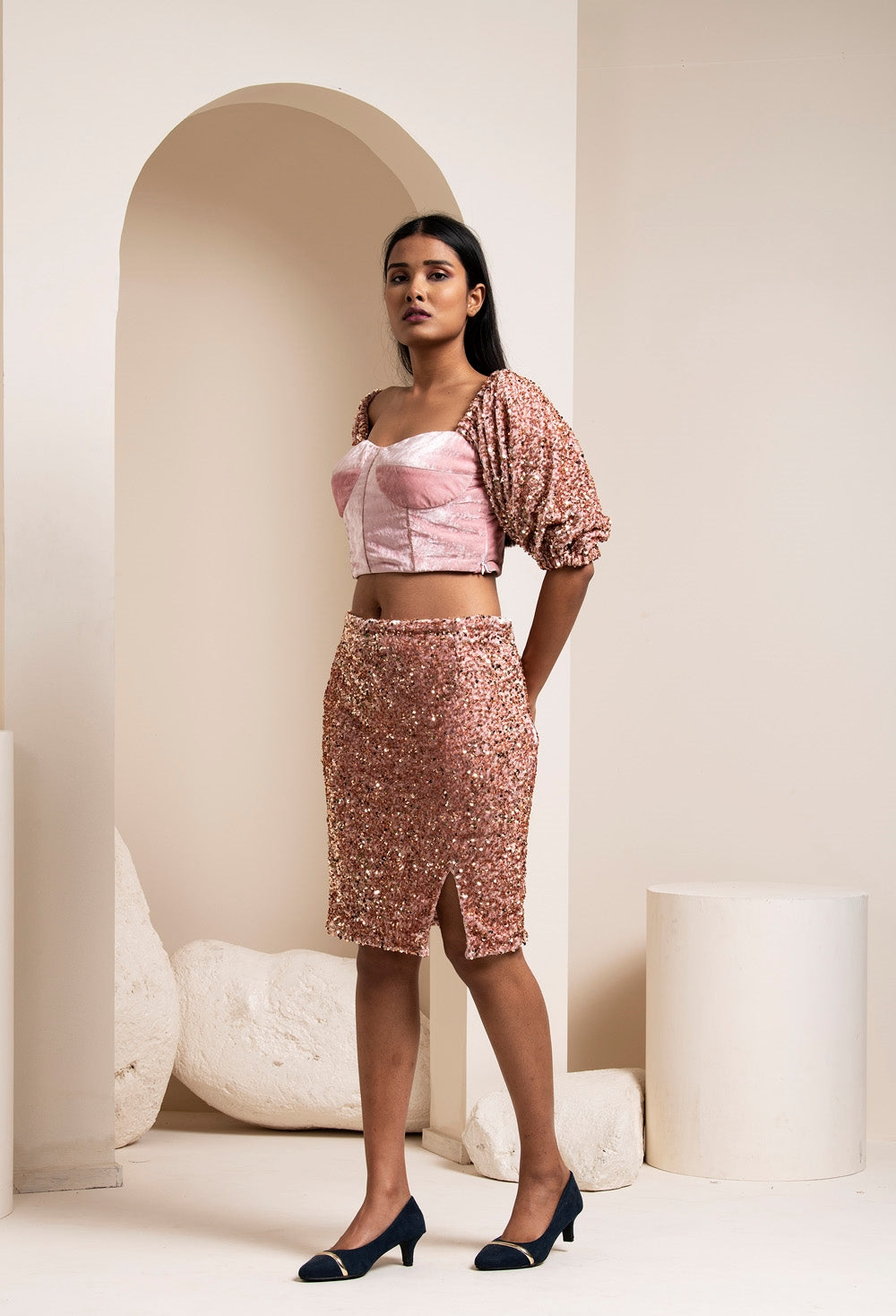 Rose Sequin Skirt & Crop Top