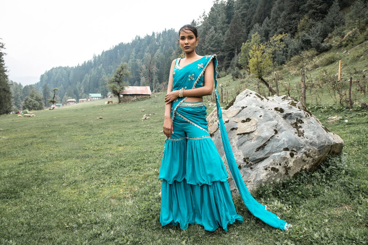 Teal Blue Sharara Saree