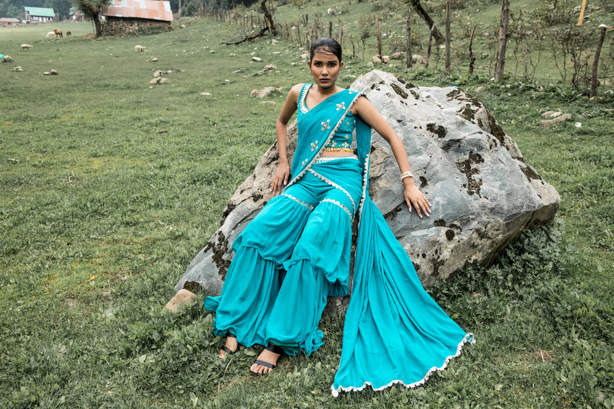 Teal Blue Sharara Saree