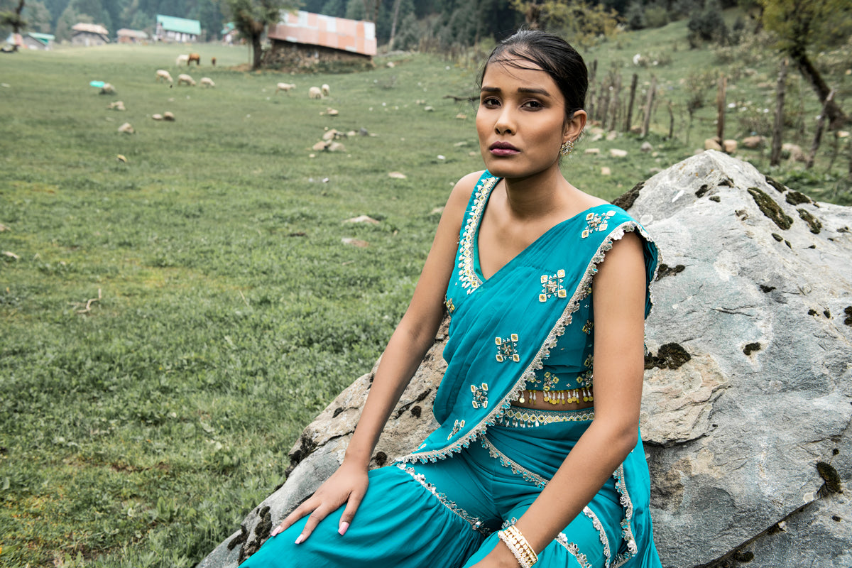 Teal Blue Sharara Saree