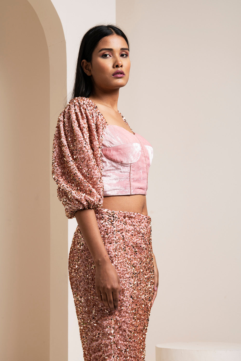 Rose Sequin Skirt & Crop Top