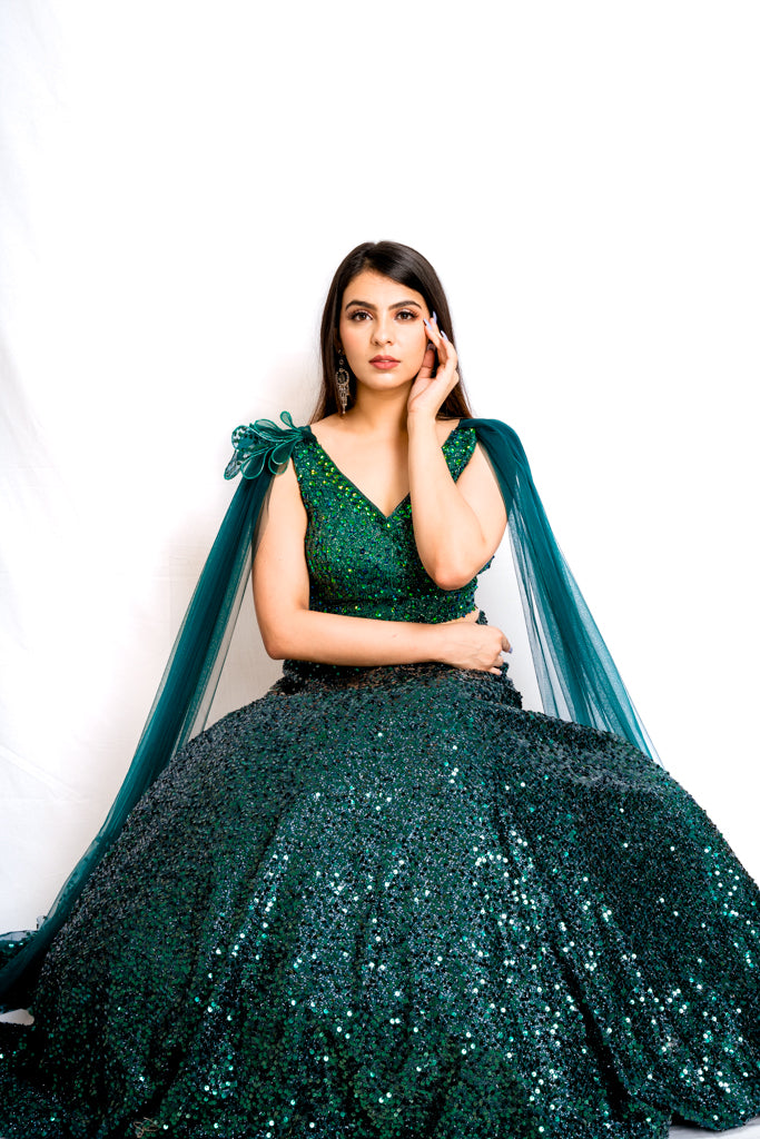 GLAM IT UP IN EMERALD GREEN LEHENGA