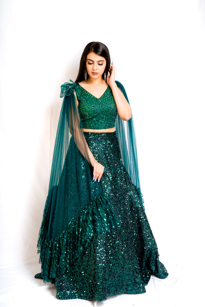 GLAM IT UP IN EMERALD GREEN LEHENGA