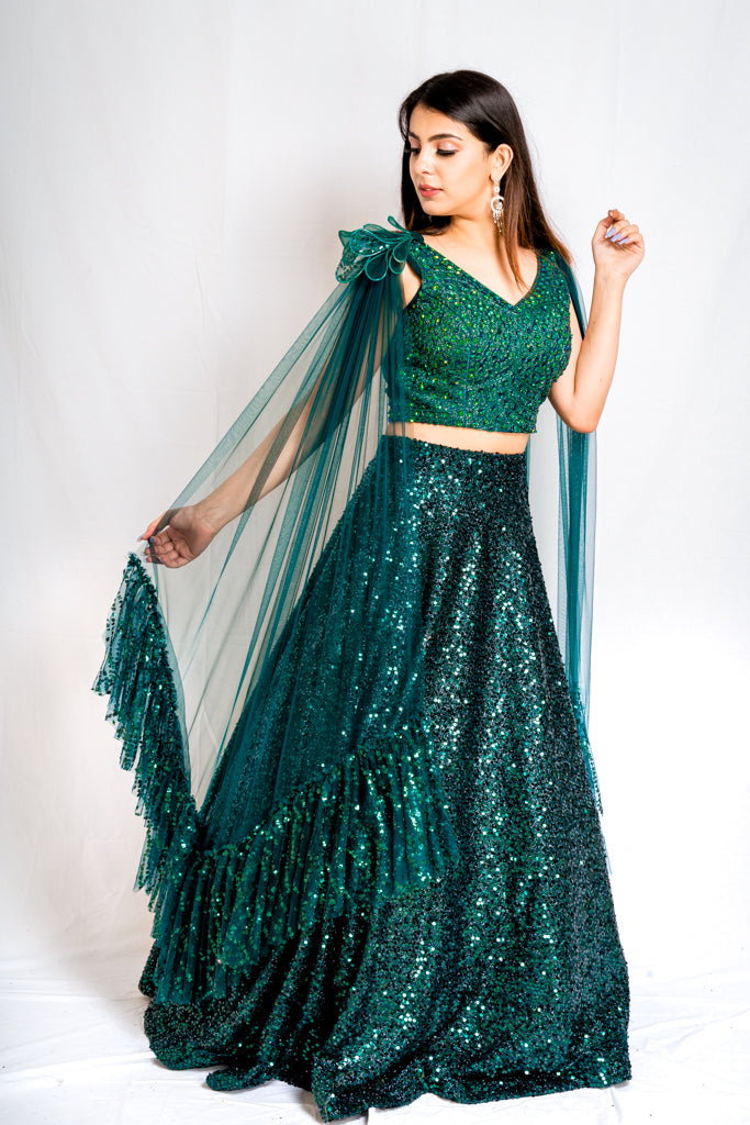 GLAM IT UP IN EMERALD GREEN LEHENGA