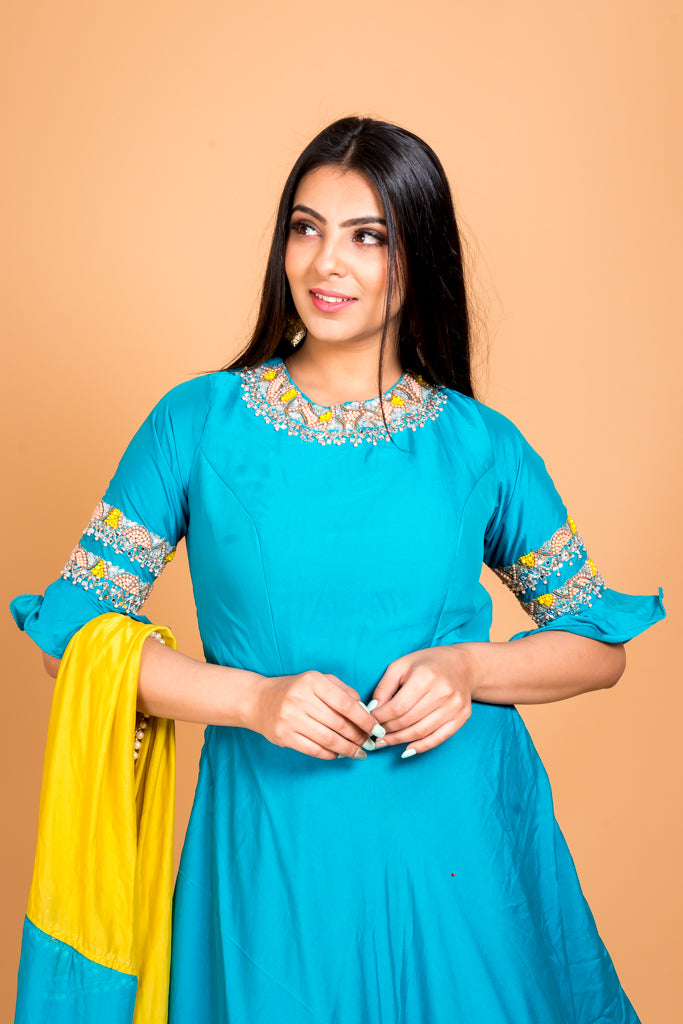 Cerulean blue anarkali suit